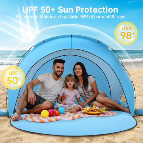Family inside Beach Shade Tent With UPF50 UV Protection, Portable Sun Shelter For 1 To 3 People on sandy beach, blue tent