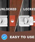 Home Door Lock Security 2 Pack Reinforcement Lock for Inward Swinging Doors shown in unlocked and locked positions.