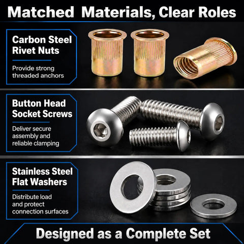 40-Piece 1/4-20 Rivet Nut and Bolt Hardware Kit with Carbon Steel Rivnuts, Stainless Steel Button Head Screws, Flat Washers