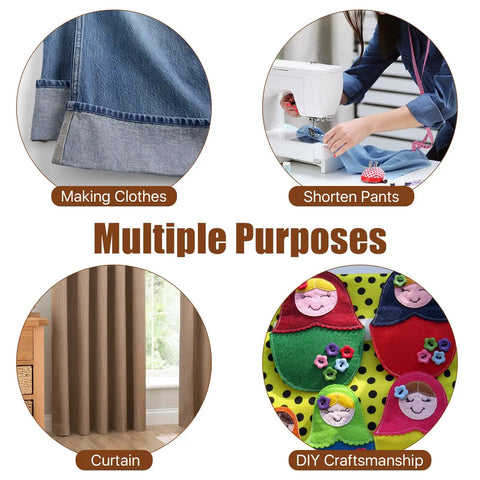 Collage showing uses for 12 Roll Iron On Hem Tape Set No Sew Fabric Fusing Tape in DIY crafts, clothing, curtains, and pants.