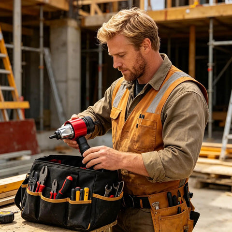 Worker using a Rivet Nut Adapter Kit For Cordless Drill, Quick-Change Blind Riveter Insert on a construction site