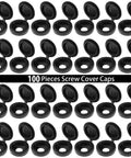 100 black hinged plastic screw cover caps with shutter fold design, snap-on washer, ideal for concealing screws in furniture and DIY projects.
