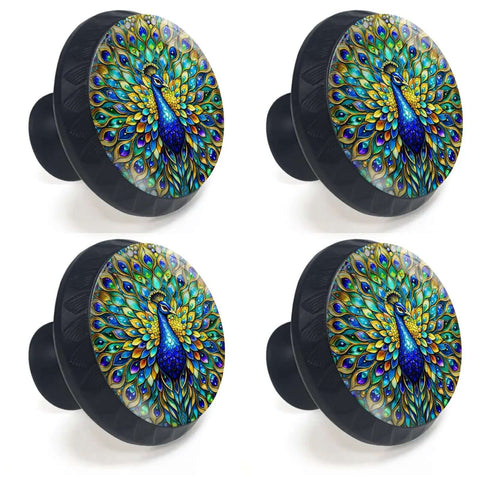 Colorful Peacock Cabinet Knobs 4 Pack For Kitchen And Bath With Stained Glass Look Jewel Tone Blue Green And Gold Accents