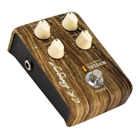 Close-up of Align Session Acoustic Guitar Effects Pedal with knobs and footswitch for warmth and pro-grade tone adjustment.