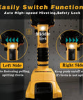 Upgraded Cordless Electric Rivet Gun Compatible With DeWalt 20V Max Battery, showing switch functions and ergonomic grip.