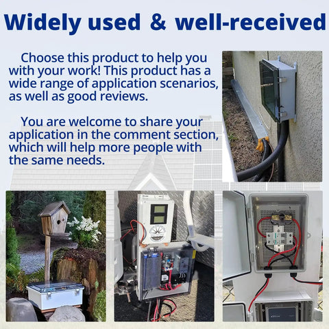 Collage showcasing Rugged Outdoor Waterproof Electrical Junction Box With IP67 Weatherproof ABS Enclosure And Hinged Cover in various installations.