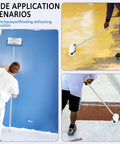 Three-panel image showing Heavy Duty Spike Roller Kit For Self Leveling Concrete And Epoxy Floors Pro Grade 9 Inch Screed Roller in use.