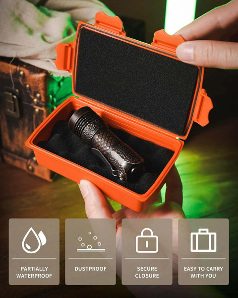 Slick Waterproof Hard Case For EDC Gear with flashlight inside, orange container with custom foam insert, portable organizer.