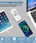 All In One Travel Power Strip With 2 Prong To 3 Prong Converter, Four Outlets And Three USB Ports, devices charging, wall mountable