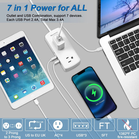 All In One Travel Power Strip With 2 Prong To 3 Prong Converter, Four Outlets And Three USB Ports, devices charging, wall mountable