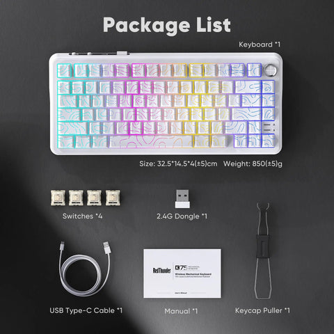 Dope Tri Mode Wireless Mechanical Keyboard With Hot Swappable Prelubed Coconut Switches Gasket Mount RGB Lighting CNC Knob, package contents.