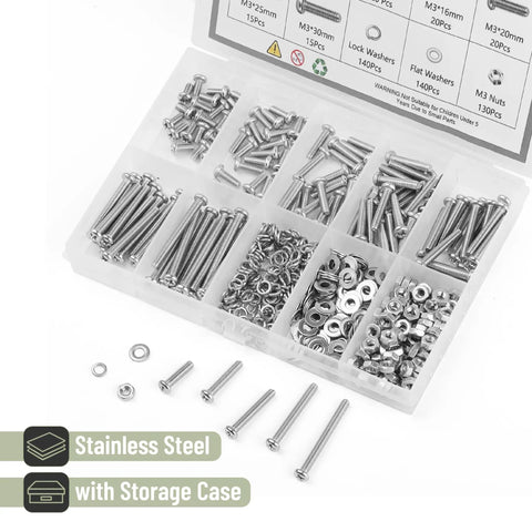 540 Piece Stainless Steel Nuts And Bolts Assortment Kit With Washers And Screws M3 Range in organized storage box