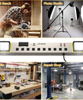 10 Outlet Power Strip With LED Work Light And 4 Foot Cord, Heavy Duty Metal Wall Mount displayed in workshop and studio setups