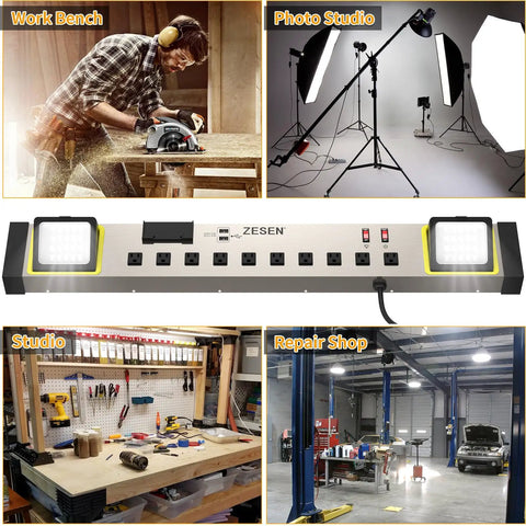 10 Outlet Power Strip With LED Work Light And 4 Foot Cord, Heavy Duty Metal Wall Mount displayed in workshop and studio setups