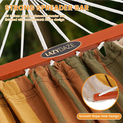 Close-up of the cotton double hammock with 55 inch spreader bar, showcasing brown and khaki design and rope hole details.