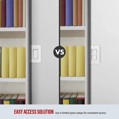 Double Paddle Rocker Decorator Switch Gloss White Clamp Type Wiring Copper Wires Only Single Pole Residential And Commercial Grade 15A 120 To 277VAC 5 Pack shown in a space-saving setup next to bookshelves.