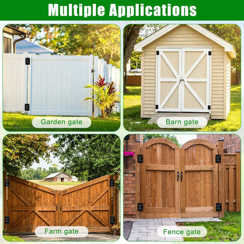 Multiple Applications showing Heavy Duty Six Point Five Inch Bolt On Gate Hinges With Bearings, 1000 Lb Capacity Anti Sag L Shaped Gate Hardware, Built Tough Powder Coated Black Carbon Steel Garden Fence Barn Farm Gate, Four Pack on garden, barn, farm, and fence gates