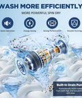 Heavy Duty Portable Washing Machine With Self Draining Pump Ten Auto Wash Cycles And Slick LED interface displaying washer spin dry action.