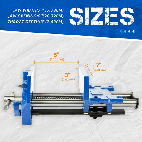 Heavy Duty 7 Inch Quick Release Workbench Vise dimensions showing 7" jaw width, 8" opening, 3" throat depth.