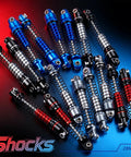 Assorted colored Beefy Aluminum 28mm RC Car Shocks for Axial SCX30 K10 JLU 1/30 Crawler Upgrades Black Give You Smoother Ride and Sick Handling on Rough Trails with Real World Control and Stable Damping. displayed with coiled springs