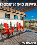 Heavy Duty Concrete And Paver Sealer Packing A Killer Low Gloss Wet Look Finish Top Shelf Color Boosting Solvent Based Acrylic Formula For Exterior Slabs And Patios 5 Gallon Size applied to a polished patio with red chairs.