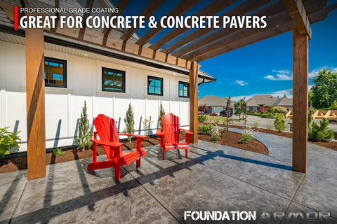 Heavy Duty Concrete And Paver Sealer Packing A Killer Low Gloss Wet Look Finish Top Shelf Color Boosting Solvent Based Acrylic Formula For Exterior Slabs And Patios 5 Gallon Size applied to a polished patio with red chairs.