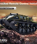 All Terrain 1 To 16 Scale Remote Control Tank Crawler with rugged treads, shown on rocky landscape.