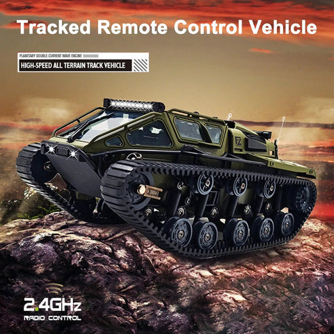 All Terrain 1 To 16 Scale Remote Control Tank Crawler with rugged treads, shown on rocky landscape.