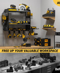 Must Have Power Tool Organizer Wall Mount With Charging Station For Garage Cordless Tools Hanger And Battery Storage Rack Heavy Duty Drill Holder Shelf Built In Metal Power Strip installed on garage wall.