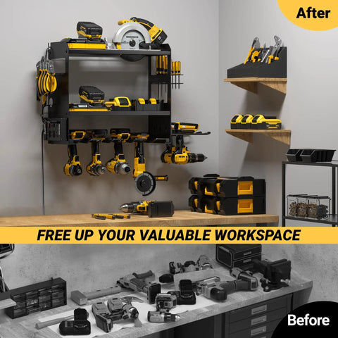 Must Have Power Tool Organizer Wall Mount With Charging Station For Garage Cordless Tools Hanger And Battery Storage Rack Heavy Duty Drill Holder Shelf Built In Metal Power Strip installed on garage wall.