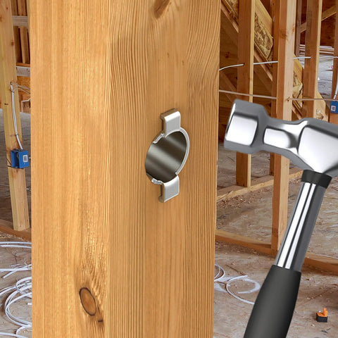 Smart Shield Nail Guard installed on wooden stud with hammer, preventing arc faults and cable damage, 100 pack for installers