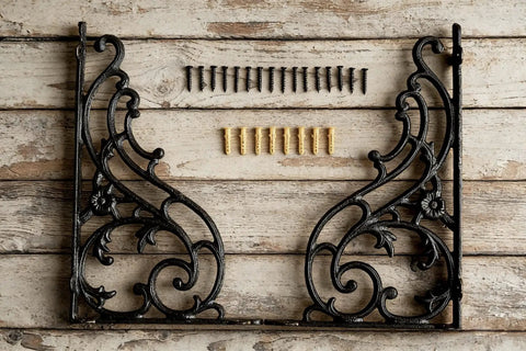 16 Inch Cast Iron Shelf Brackets 4 Pack Black Corbels with screws and anchors for heavy duty wall mounted support.