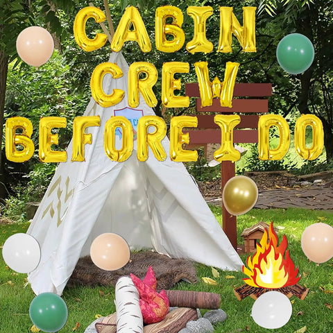 Camping Bachelorette Party Kit With Cabin Crew Before I Do Balloons and tent in outdoor forest setting.