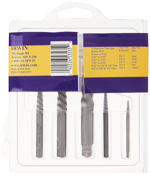 Back view of Heavy Duty Screw Extractor Set For Stripped Screws And Broken Fasteners, 5-piece with spiral left-hand design in packaging