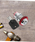 Solid Vending Machine Lock And Keys Replacement Kit For Drink Snack Soda Dispensers Plus Heavy Duty Keyed Cylinder Security Hardware For Game Room Arcades Metal Or Wooden Cabinets And Fences With Super Easy Install And Keep Your Gear Locked Down, chrome lock and key set with red ring