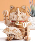 3D Wooden Puzzle Lucky Cat DIY Wood Craft Model Kit For Teens And Adults Easy To Build Fun Family Project No Brainer STEM Craft Gift Beginner Friendly Hands On Home DIY Kit cat front view with fan and bell