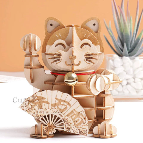 3D Wooden Puzzle Lucky Cat DIY Wood Craft Model Kit For Teens And Adults Easy To Build Fun Family Project No Brainer STEM Craft Gift Beginner Friendly Hands On Home DIY Kit cat front view with fan and bell