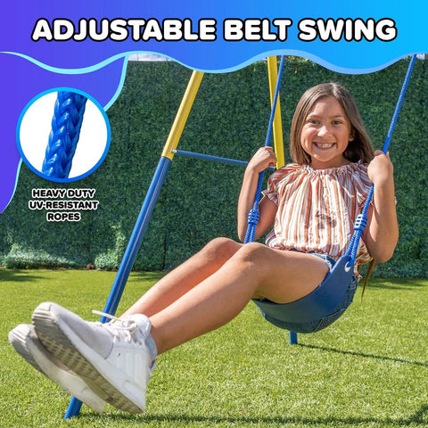 Child enjoying My First Swing And Saucer Outdoor Playset For Backyard with Belt Swing, heavy duty metal A-Frame, UV-resistant ropes