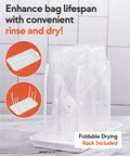 Compact Handheld Vacuum Sealer Kit With 30 Reusable Bags, drying rack showcased with bags for drying, on kitchen counter.