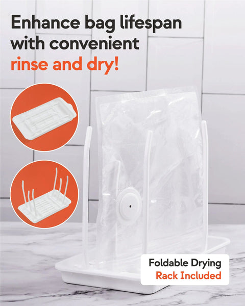 Compact Handheld Vacuum Sealer Kit With 30 Reusable Bags, drying rack showcased with bags for drying, on kitchen counter.