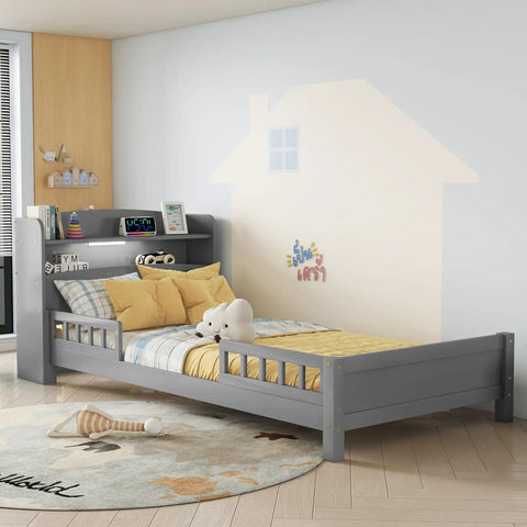 Twin Size Pine Wood Bed With Built In Bookcase Headboard Guardrails And Led Motion Sensor Light Gray Finish For Easy Nighttime Access
