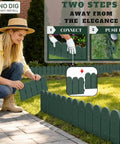Woman installing Green Garden Border Edging Kit For DIY Yards 8 Piece Flexible Polypropylene Lawn Fence Panels 10 Ft Total Length