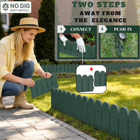 Woman installing Green Garden Border Edging Kit For DIY Yards 8 Piece Flexible Polypropylene Lawn Fence Panels 10 Ft Total Length