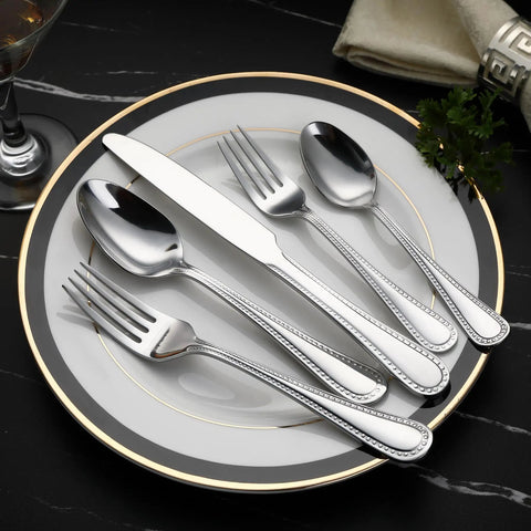 Heavy Duty Stainless Steel Flatware Set, 20 Piece Silverware Service For Four, Dishwasher Safe Pearl Edge Dining Cutlery, No Sweat Cleanup Kitchen Table Essential