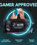 Gamer using Gaming Peripheral Wipes And Cleaner For Keyboards Mice Controllers Laptops PCs And Desks Alcohol Free Unscented Paraben Free 50 Pack.