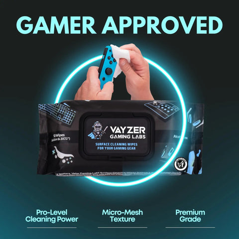 Gamer using Gaming Peripheral Wipes And Cleaner For Keyboards Mice Controllers Laptops PCs And Desks Alcohol Free Unscented Paraben Free 50 Pack.