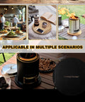 Collage showing Two Pack 10.8 Inch Tabletop Fire Pit Mats Set for Solo Stove Mesa and Mesa XL, including heat-resistant pine wood mats and 50 black placemats.