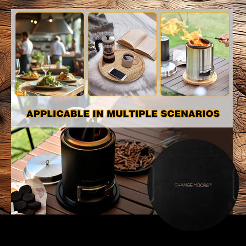 Collage showing Two Pack 10.8 Inch Tabletop Fire Pit Mats Set for Solo Stove Mesa and Mesa XL, including heat-resistant pine wood mats and 50 black placemats.