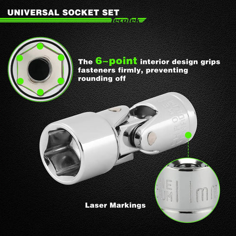 One Quarter Inch Drive Universal Joint Socket Set With Swivel Heads Six Point SAE Three Sixteenths To Nine Sixteenths Inch And Metric Five To Fifteen Millimeter CR-V Steel Flex Sockets For Easy Access In Tight Spaces, universal joint socket close-up