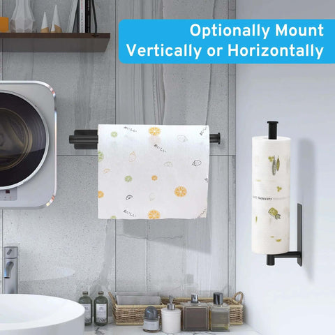 Under Cabinet Paper Towel Holder With Optional No Drill Self Adhesive Or Drill In Wall Mount Heavy Duty Stainless Steel SUS304 installed vertically and horizontally in kitchen setting